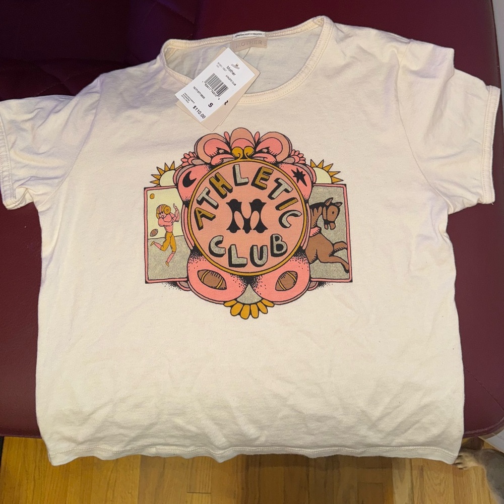 MOTHER Cream and Pink Short Sleeve Tee with Vintage Medallion Design